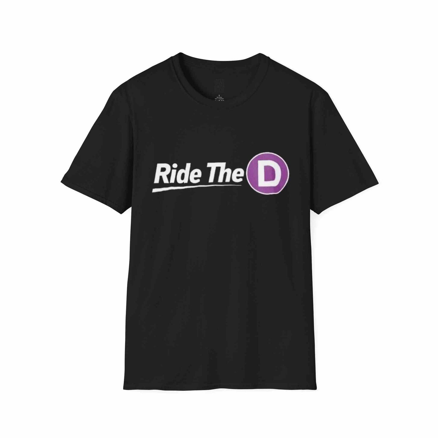 Ride The D T-shirt with purple subway token graphic on black fabric