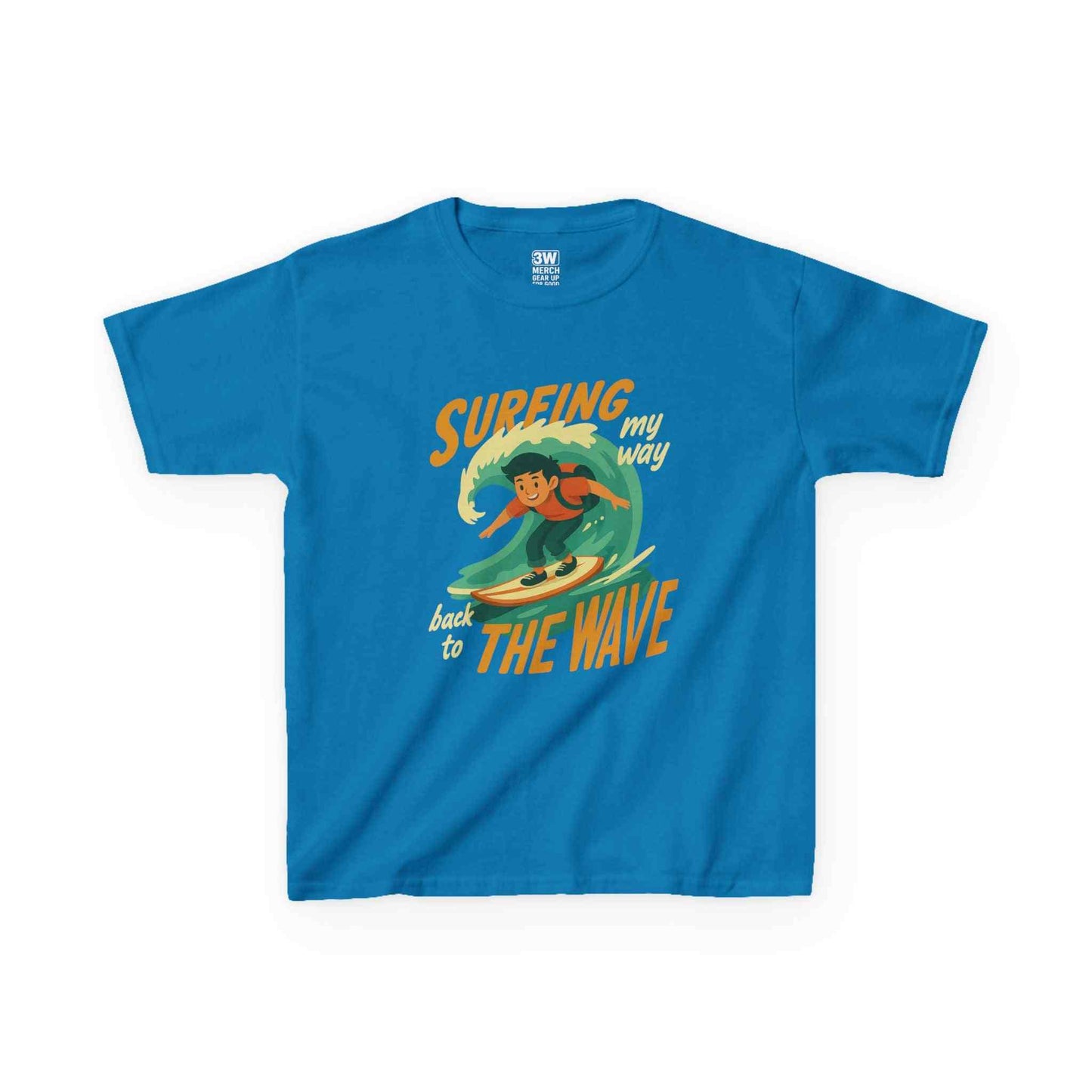 Kids Surfing The Wave T-Shirt with retro surfer graphic and vibrant colors on soft cotton fabric