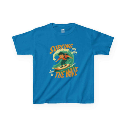 Kids Surfing The Wave T-Shirt with retro surfer graphic and vibrant colors on soft cotton fabric