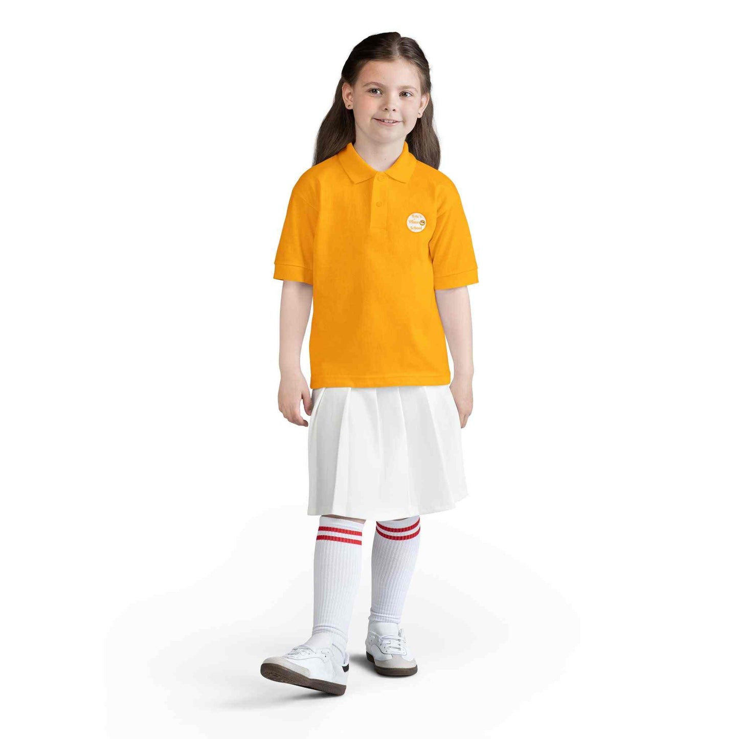 Youth polo shirt with Eric's Piano School gold logo for kids' music lessons