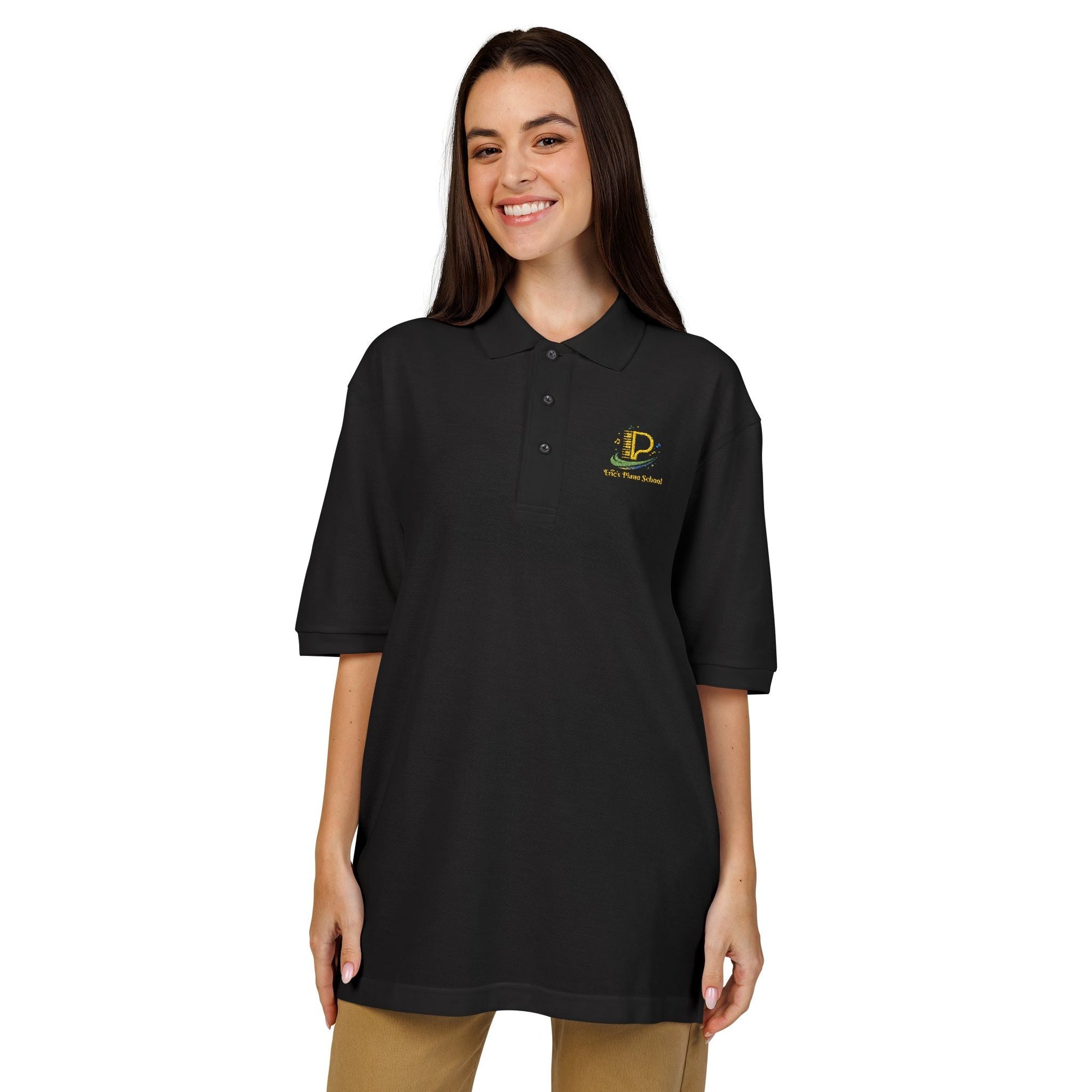 Lightweight embroidered crest polo shirt with relaxed fit and metal buttons