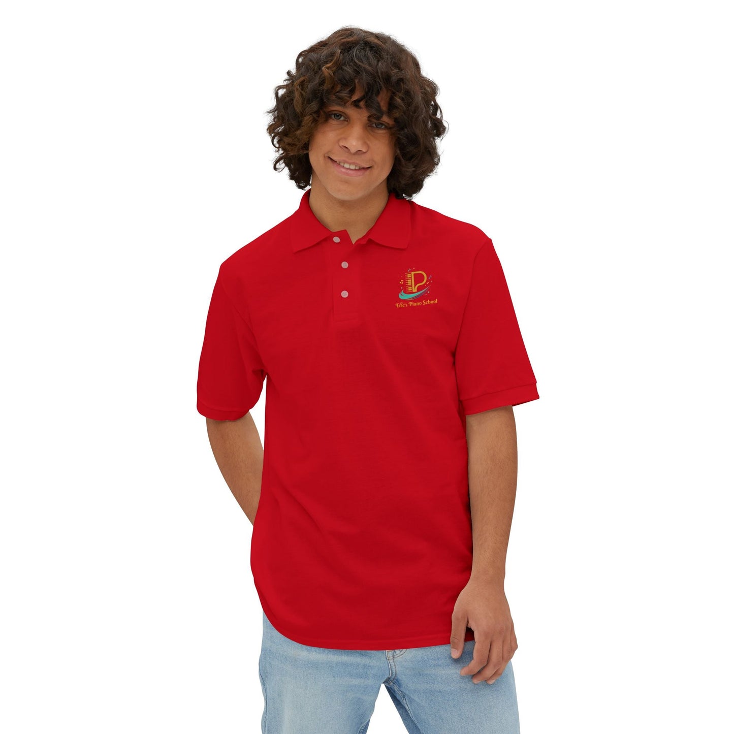 Men's custom piqué polo shirt with Coastal Coffee logo embroidered on chest