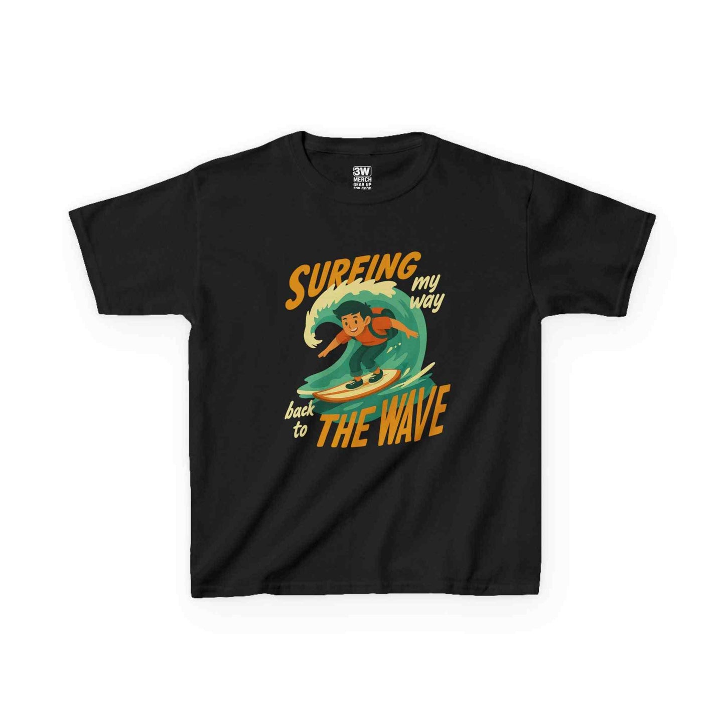 Kids Surfing The Wave T-Shirt with retro surfer graphic and vibrant colors