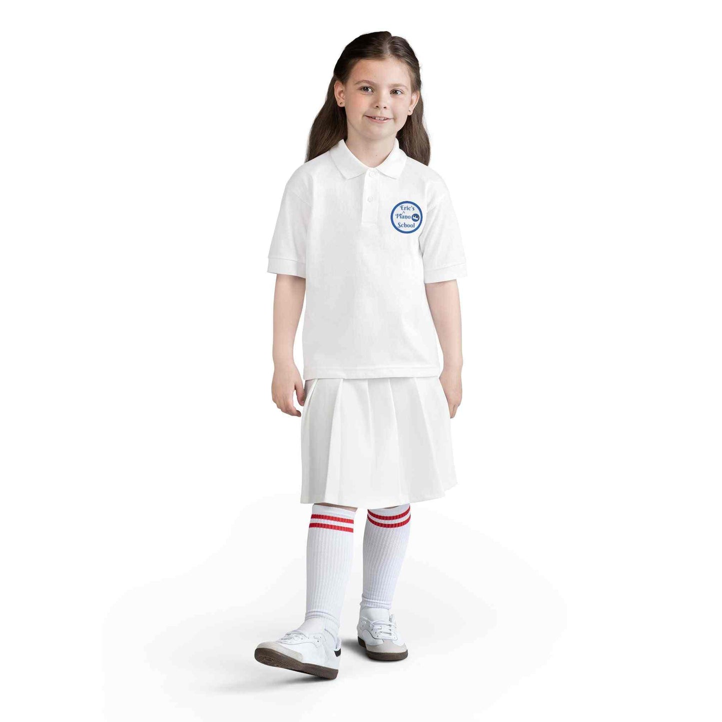 Eric's Piano School youth polo shirt in moisture-wicking DryBlend fabric with contoured collar and chest logo