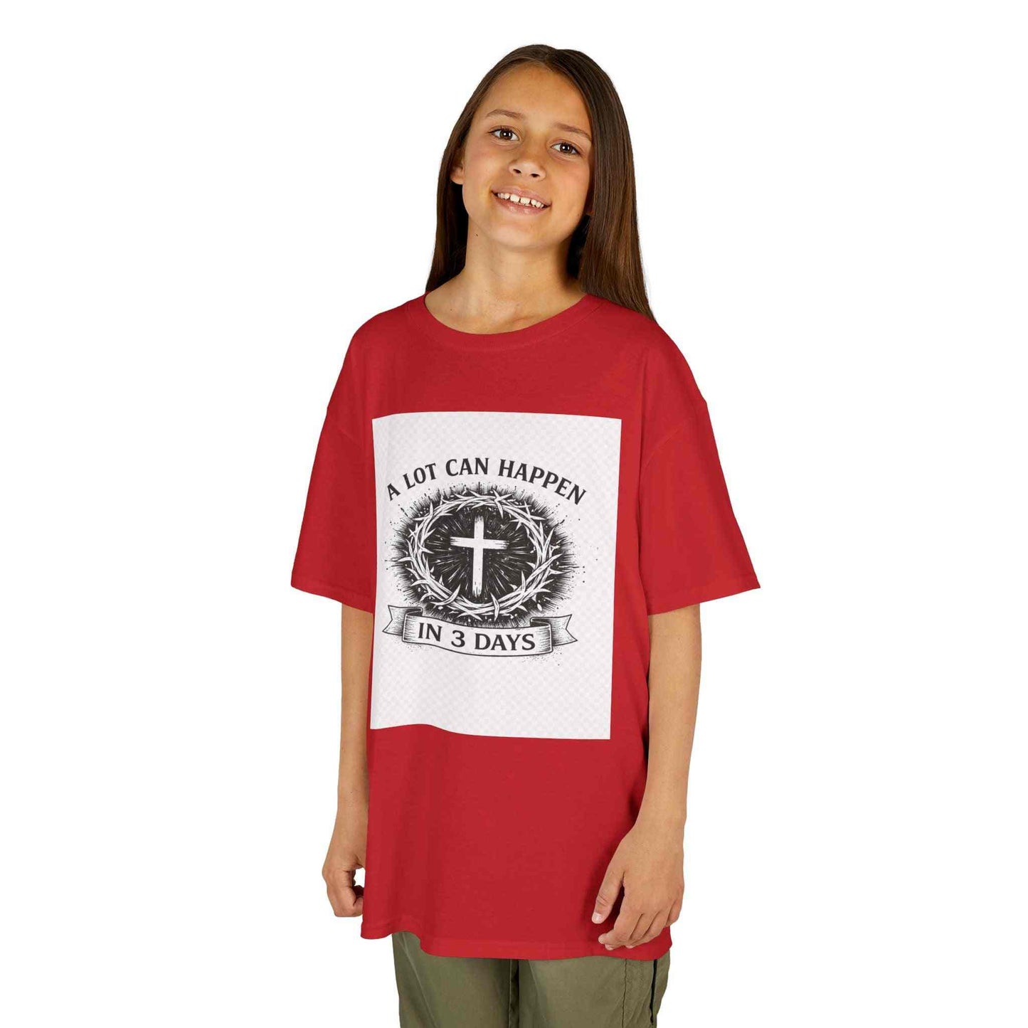 Kids tee with vintage cross and "A Lot Can Happen in 3 Days" faith design on soft midweight cotton