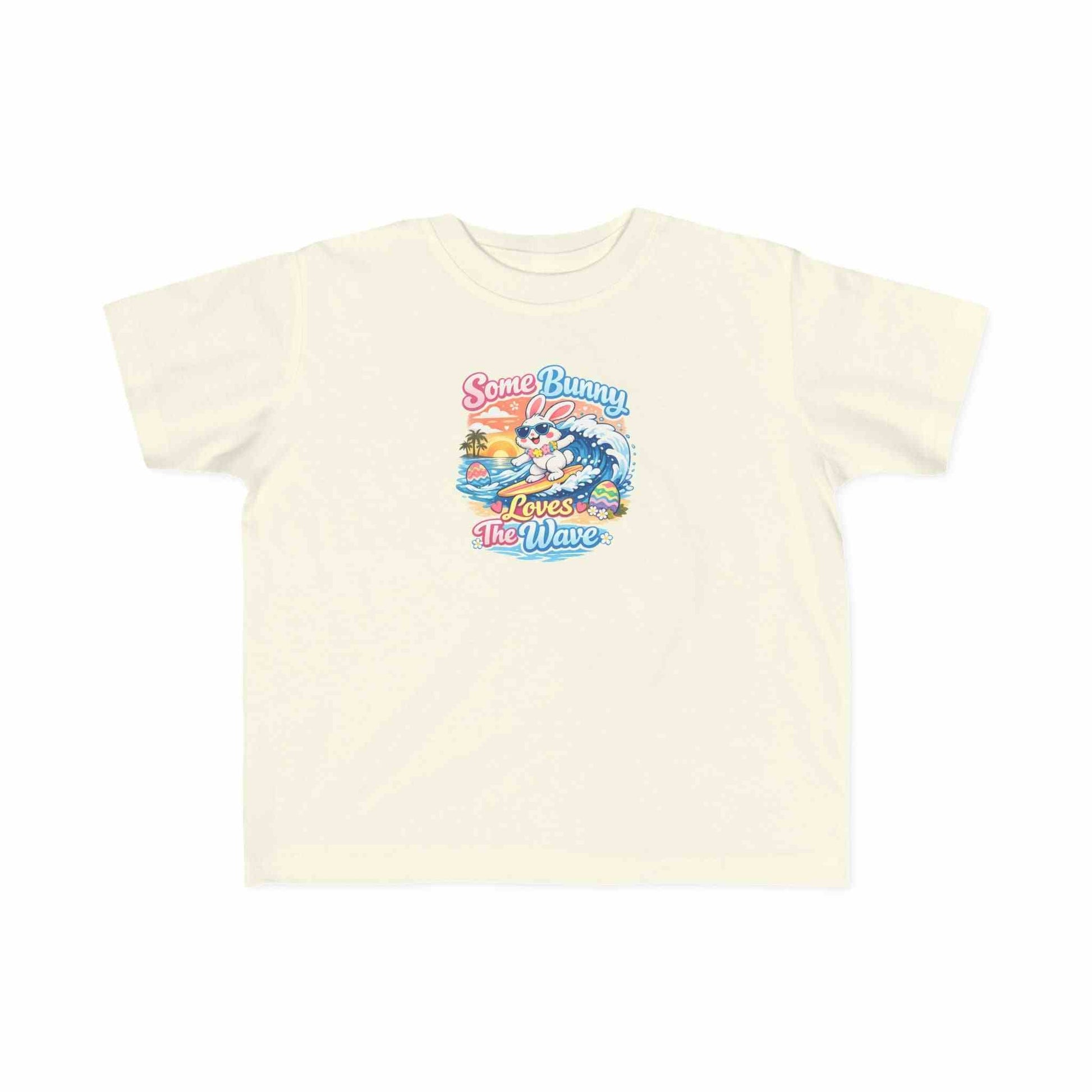 Kids Easter t-shirt with surfing bunny and sunset wave titled Some Bunny Loves The Wave