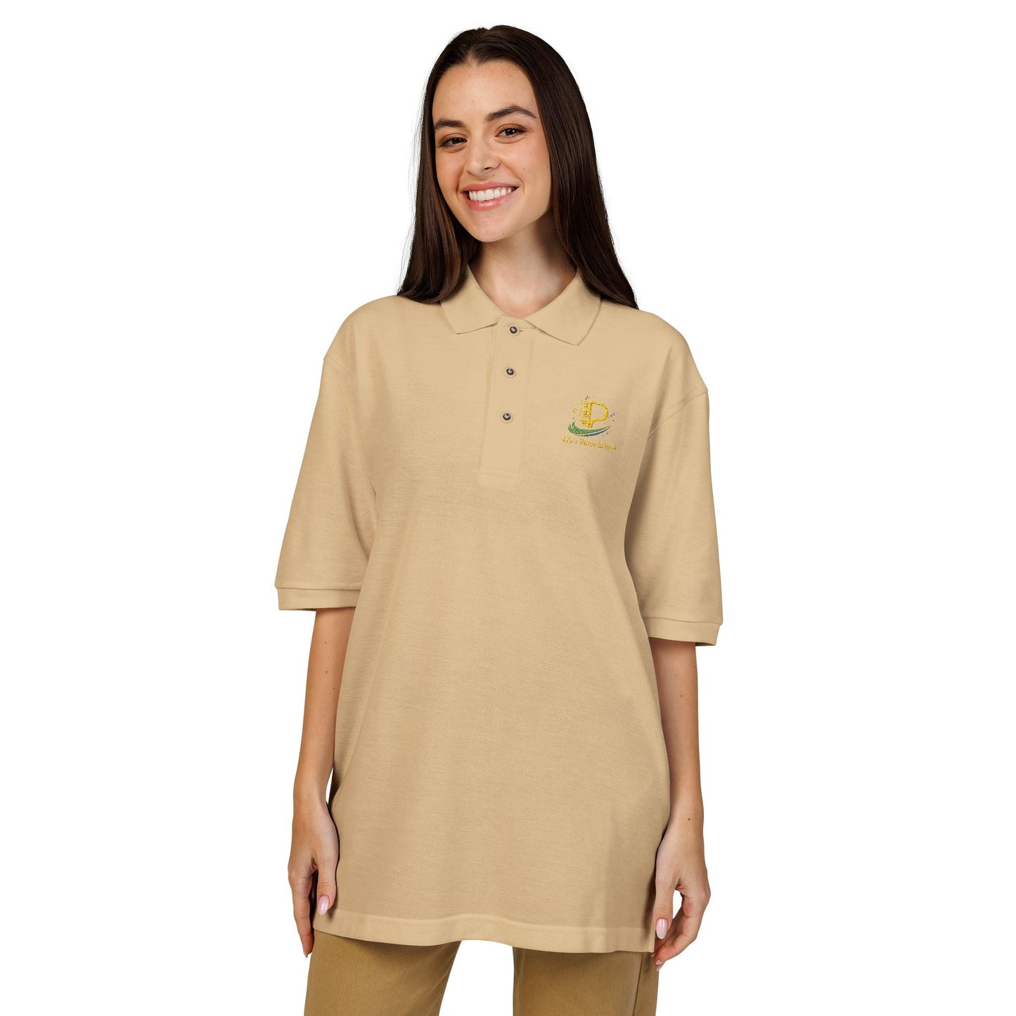 Embroidered Crest Polo Shirt with relaxed fit, flat knit collar, metal buttons, and breathable side vents