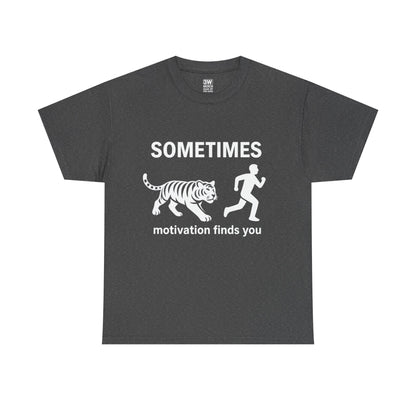 Funny Motivation T-Shirt – “Sometimes Motivation Finds You” Tiger Chase Running Tee for Fitness & Gym Lovers