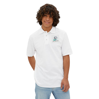 Men's light blue piqué polo shirt with Coastal Coffee logo embroidered on chest