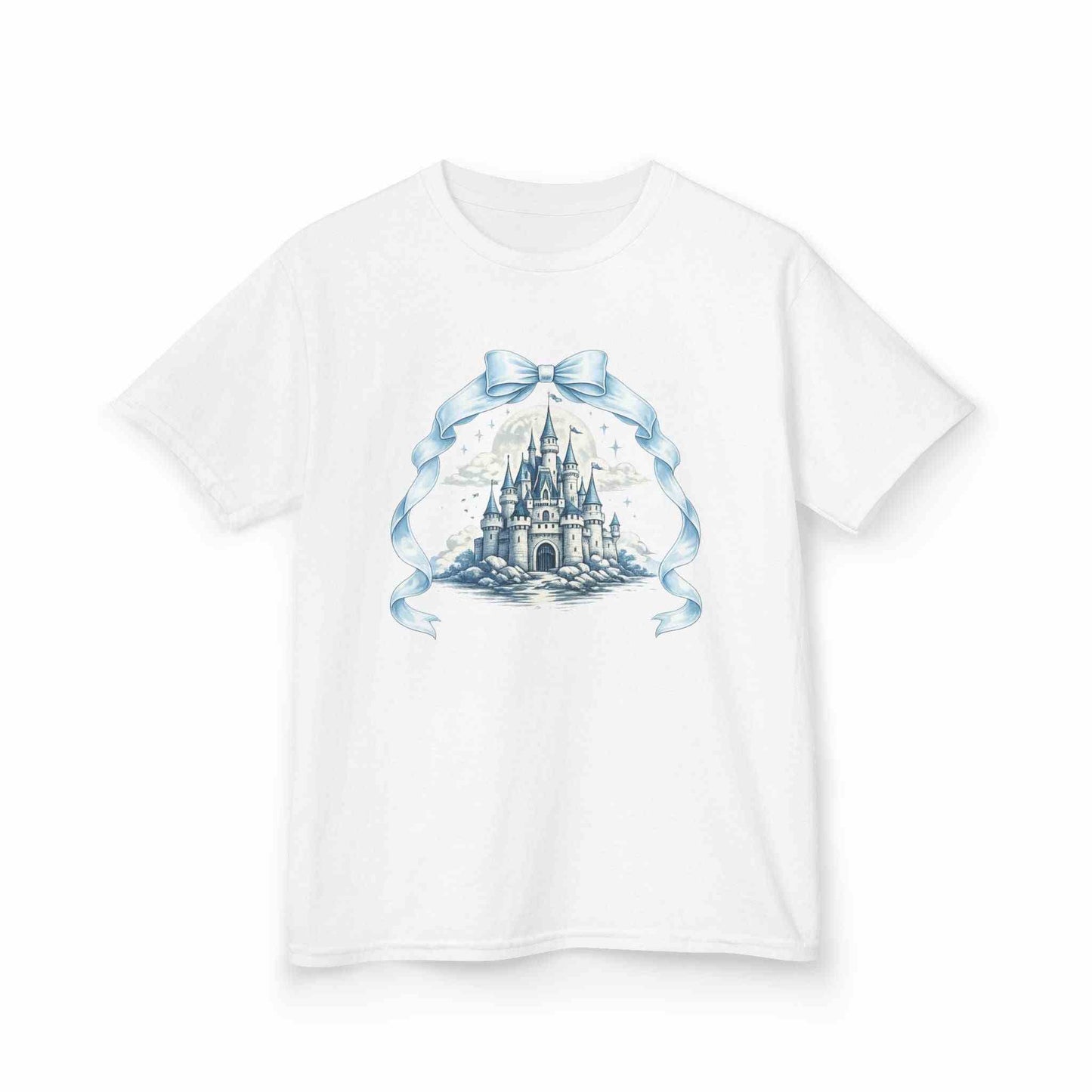 Blue Kids Castle T-shirt with whimsical fairytale design for children, soft breathable cotton, perfect for Disney trips and birthdays.