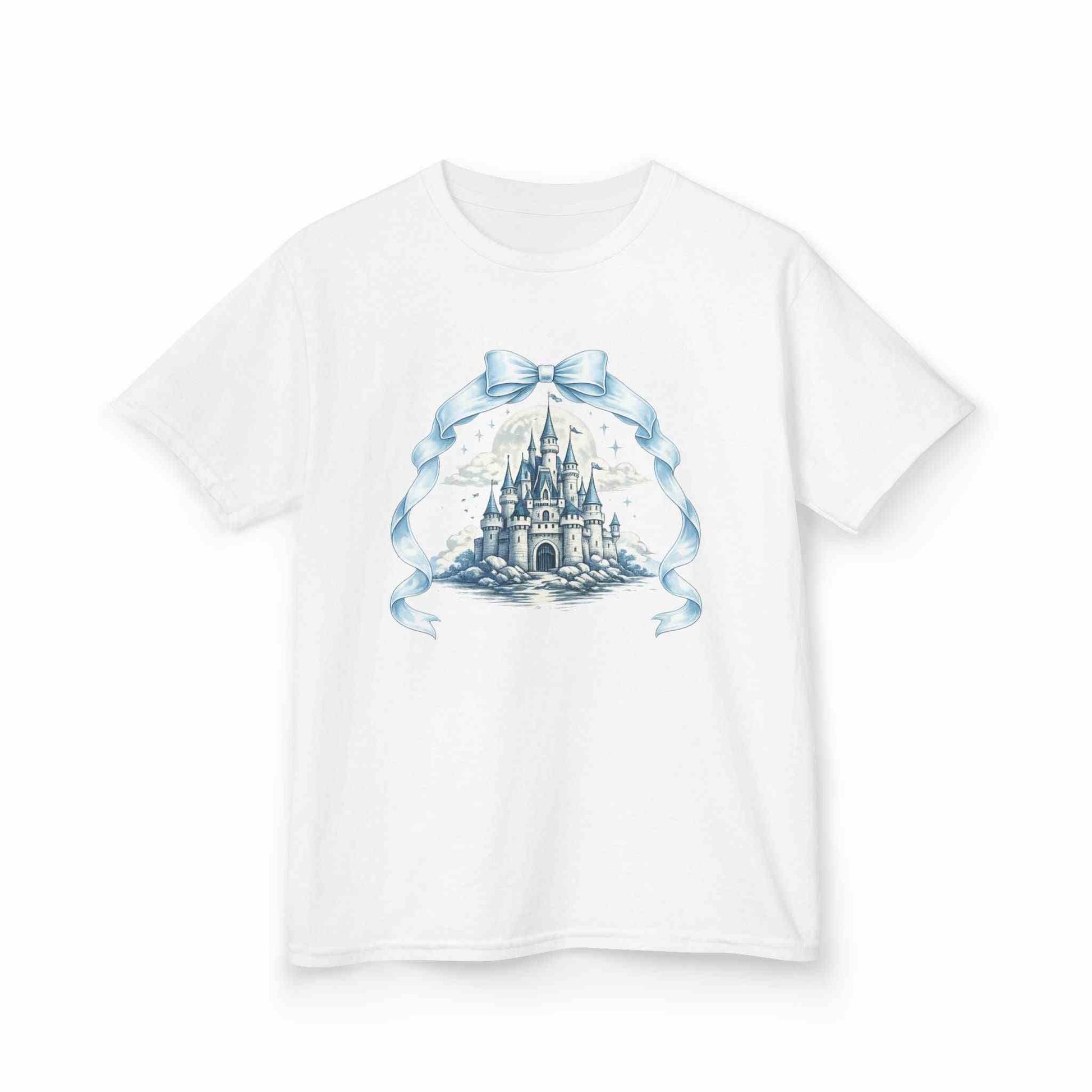 Blue Kids Castle T-shirt with whimsical fairytale design for children, soft breathable cotton, perfect for Disney trips and birthdays.