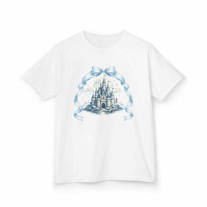 Blue Kids Castle T-shirt with whimsical fairytale design for children, soft breathable cotton, perfect for Disney trips and birthdays.