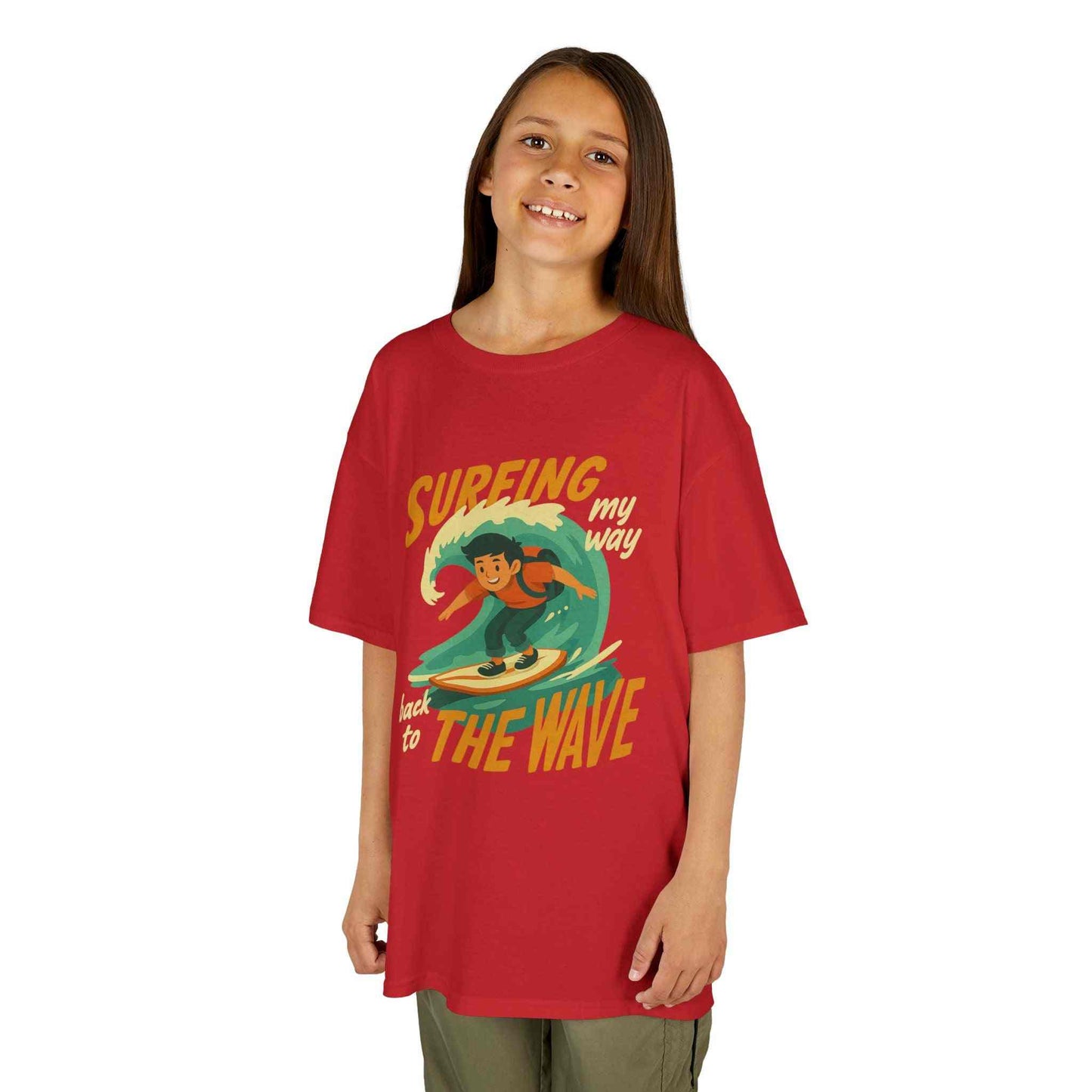 Kids Surfing The Wave T-Shirt with retro surfer graphic and vibrant beach style