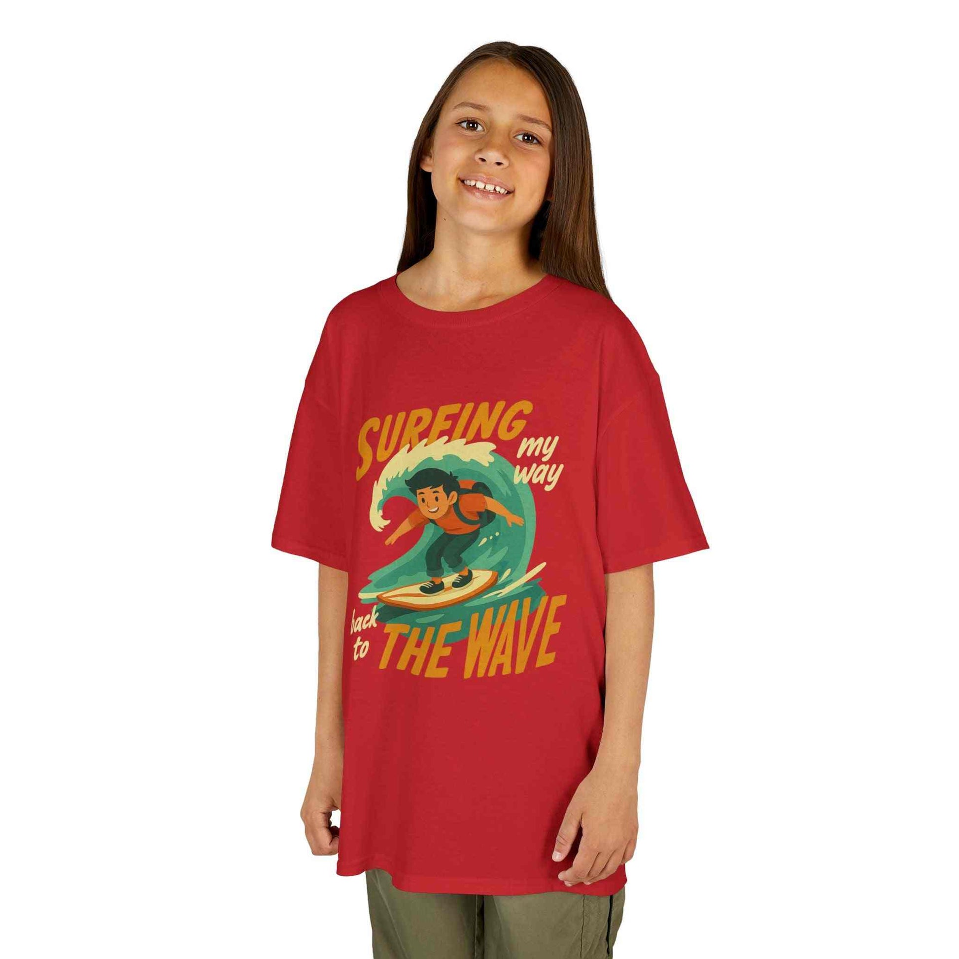 Kids Surfing The Wave T-Shirt with retro surfer graphic and vibrant beach style