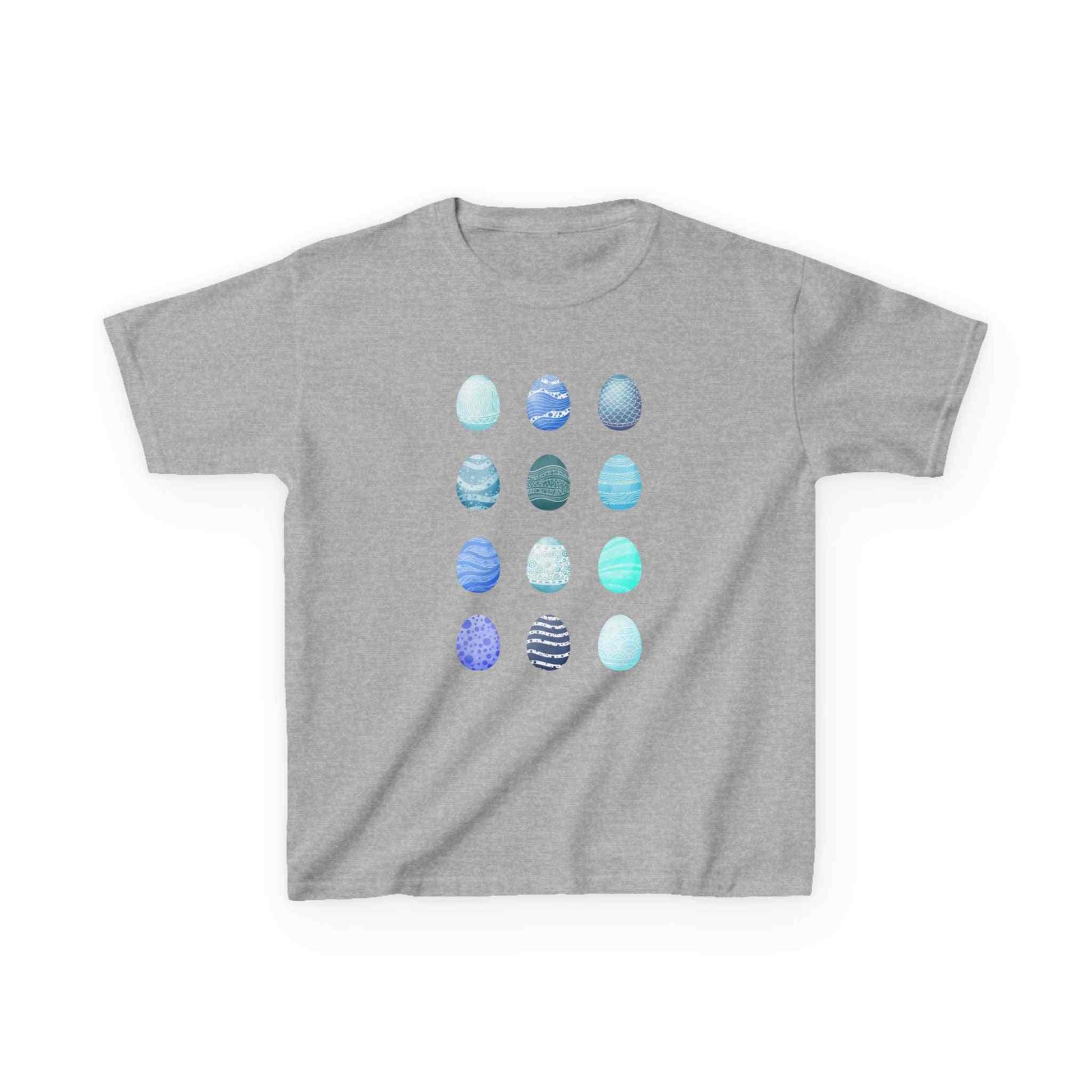 Kids tee with blue watercolor egg pattern on white cotton fabric