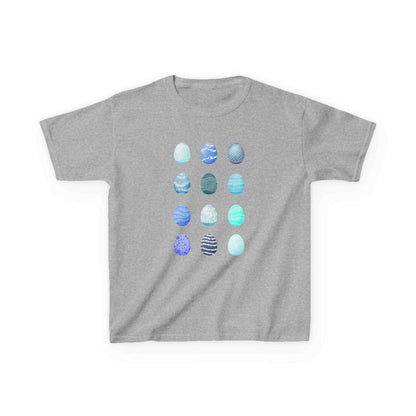 Kids tee with blue watercolor egg pattern on white cotton fabric