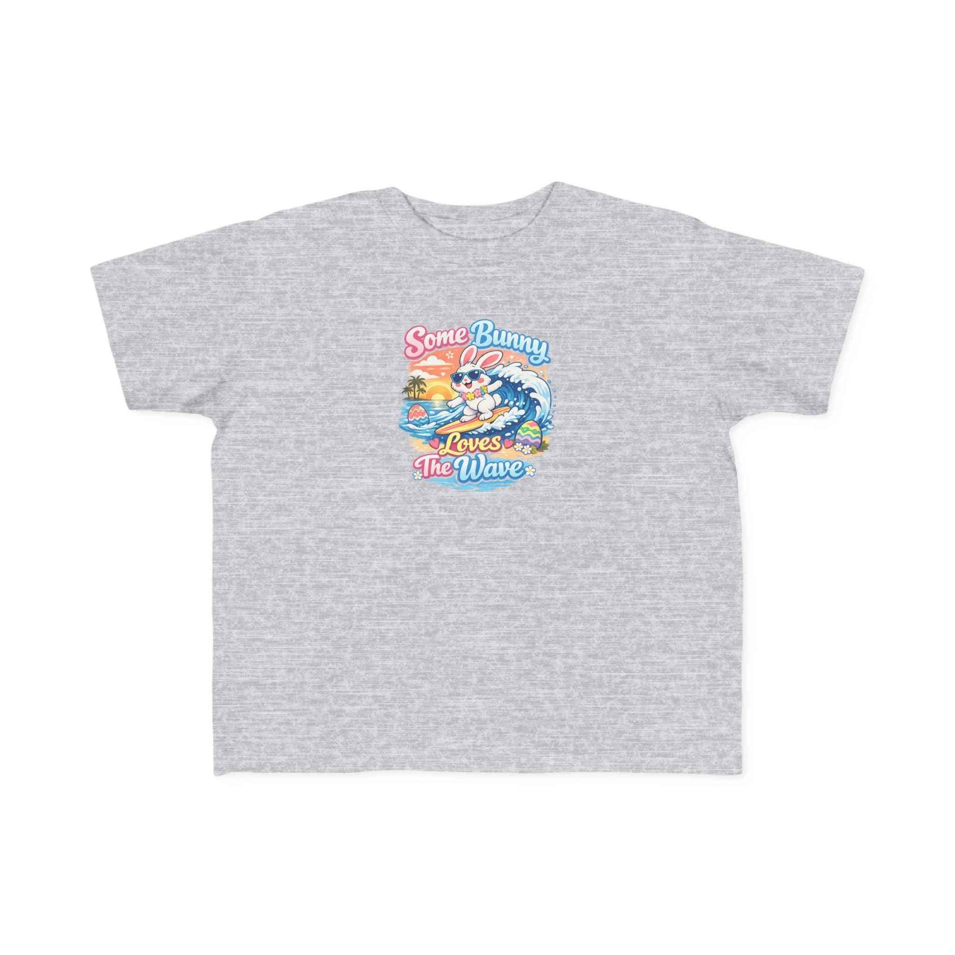 Youth girl Easter T-shirt with surfing bunny and pastel eggs saying Some Bunny Loves The Wave