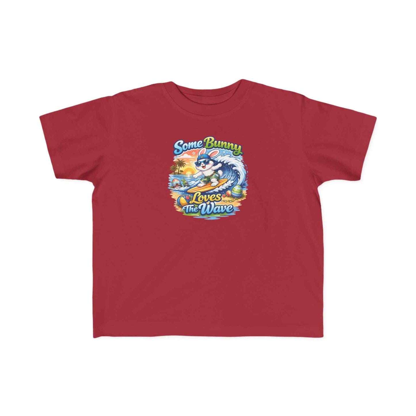 Toddler tee with cheerful surf bunny graphic for kids, made of soft cotton, titled Some Bunny Loves The Wave