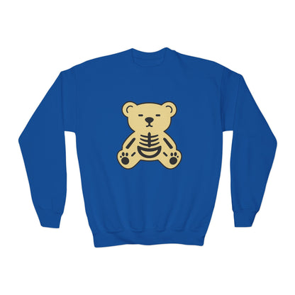 Cute Skeleton Teddy Youth Crewneck Sweatshirt, Kid's Sweatshirt, Fall Fashion, Spooky Season Gift, Halloween Apparel