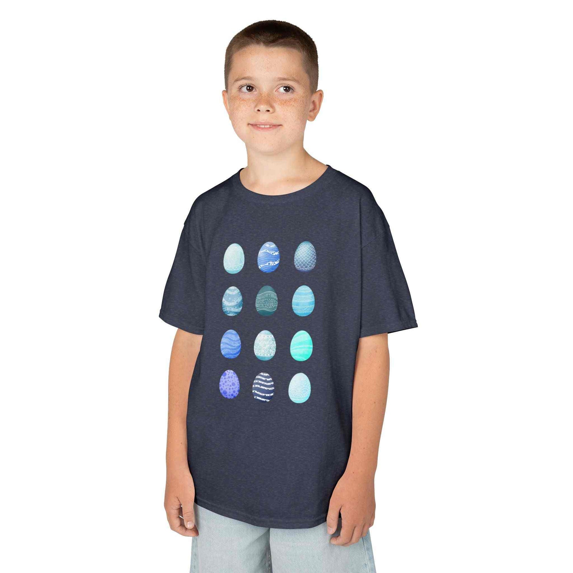 Kids tee with blue watercolor egg pattern on white cotton fabric