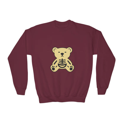 Cute Skeleton Teddy Youth Crewneck Sweatshirt, Kid's Sweatshirt, Fall Fashion, Spooky Season Gift, Halloween Apparel