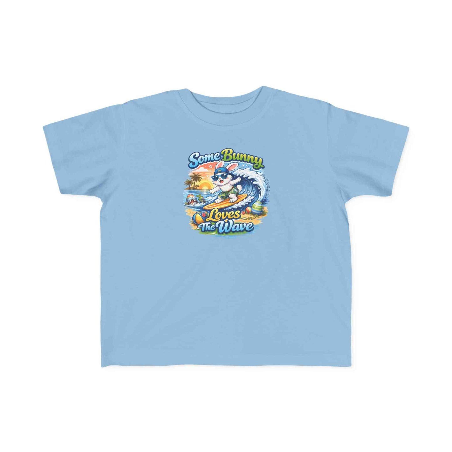 Toddler tee with cute surf bunny graphic and lightweight cotton fabric titled Some Bunny Loves the Wave