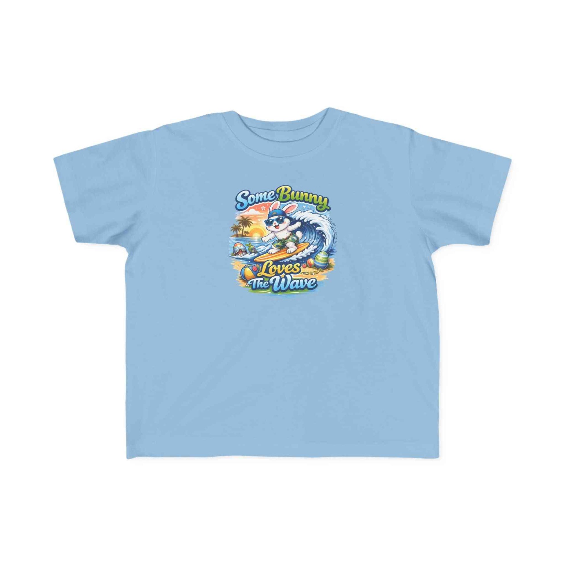 Toddler tee with cute surf bunny graphic and lightweight cotton fabric titled Some Bunny Loves the Wave