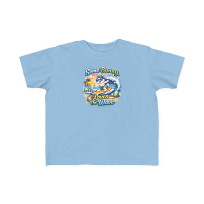 Toddler tee with cute surf bunny graphic and lightweight cotton fabric titled Some Bunny Loves the Wave