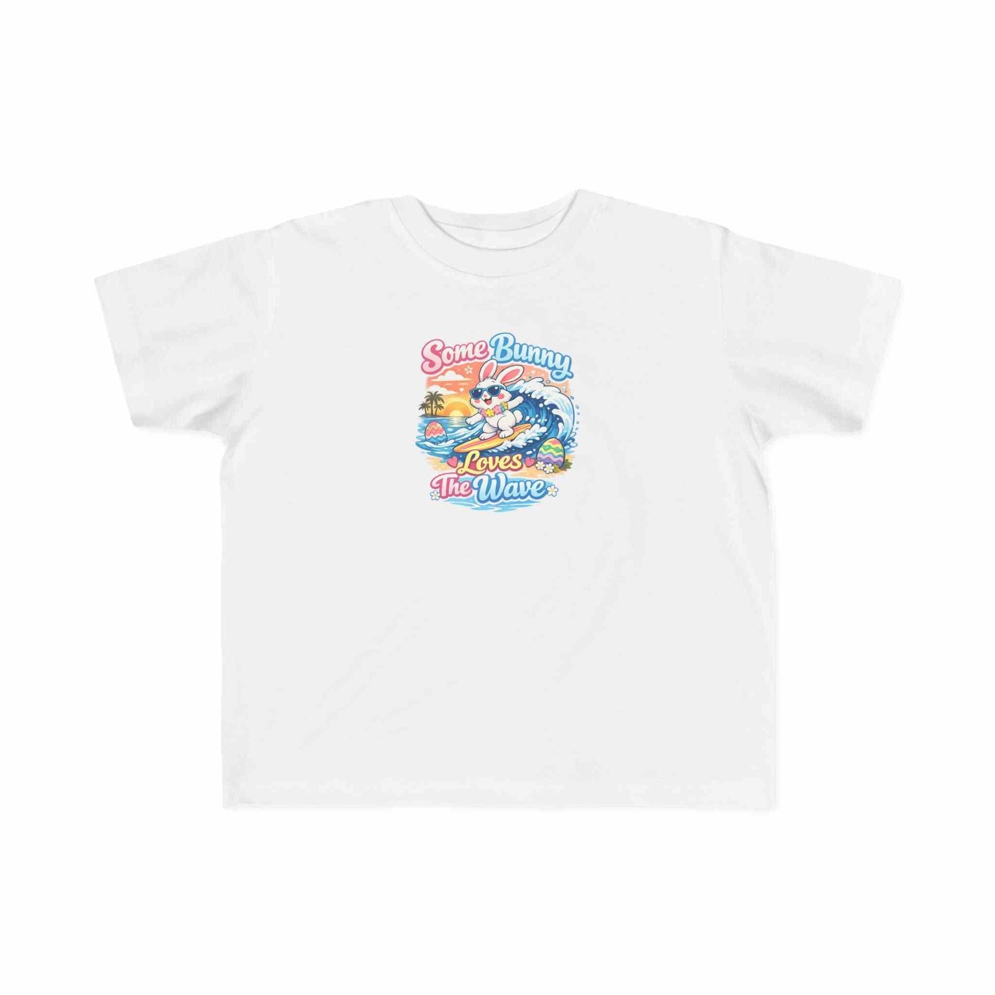 Youth girl Easter T-shirt with surfing bunny and pastel eggs, "Some Bunny Loves The Wave" design