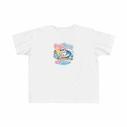 Youth girl Easter T-shirt with surfing bunny and pastel eggs, "Some Bunny Loves The Wave" design