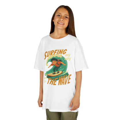 Kids Surfing The Wave T-Shirt with retro surfer graphic and vibrant colors