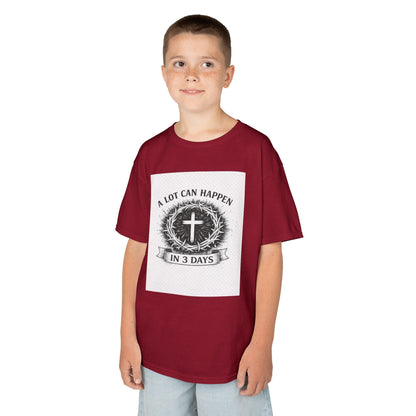 Kids tee with vintage cross emblem and faith message on soft midweight cotton