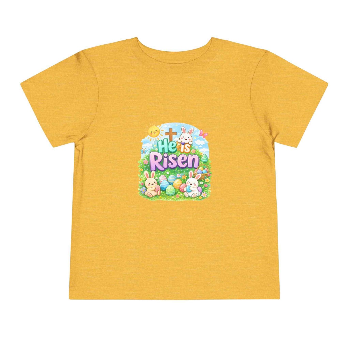 He Is Risen toddler tee with Easter bunny, cross, and pastel eggs design for kids