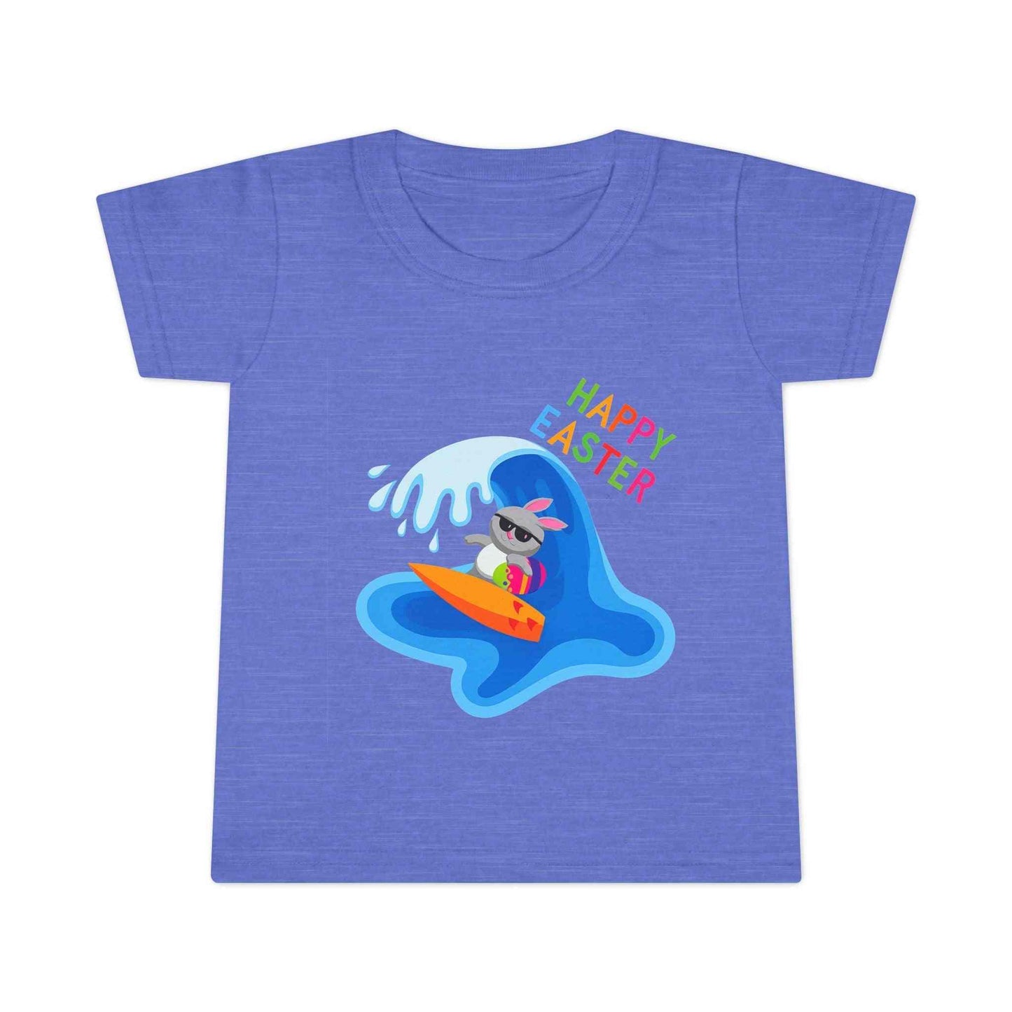 Toddler Happy Easter Surf Bunny Shirt with beach bunny graphic and bright blue wave design