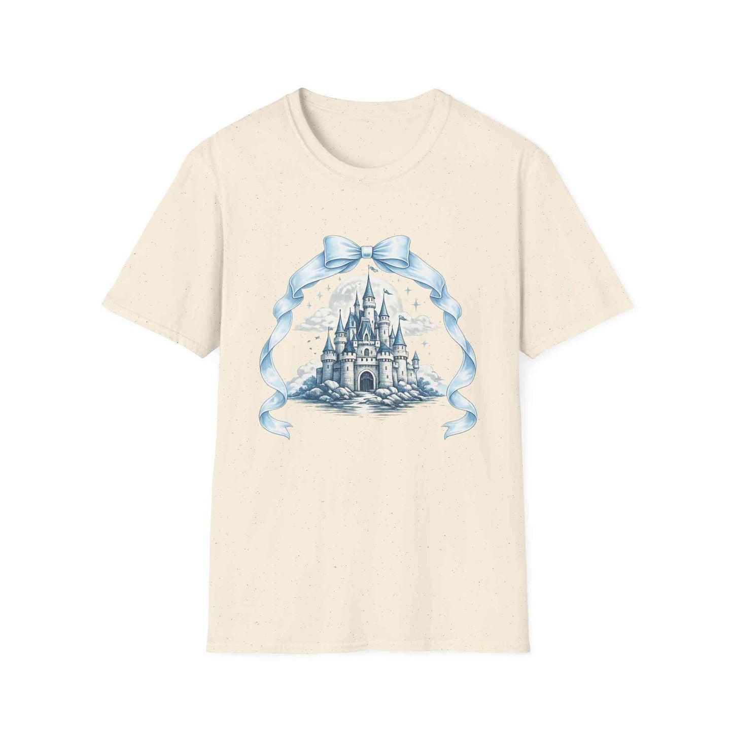 Blue Castle Illustration T-Shirt with ribbon design, lightweight cotton, perfect for casual wear