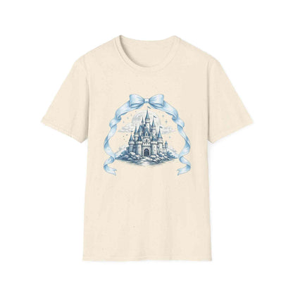 Blue Castle Illustration T-Shirt with ribbon design, lightweight cotton, perfect for casual wear