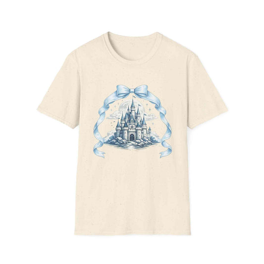 Blue Castle Illustration T-Shirt with ribbon design, lightweight cotton, perfect for casual wear