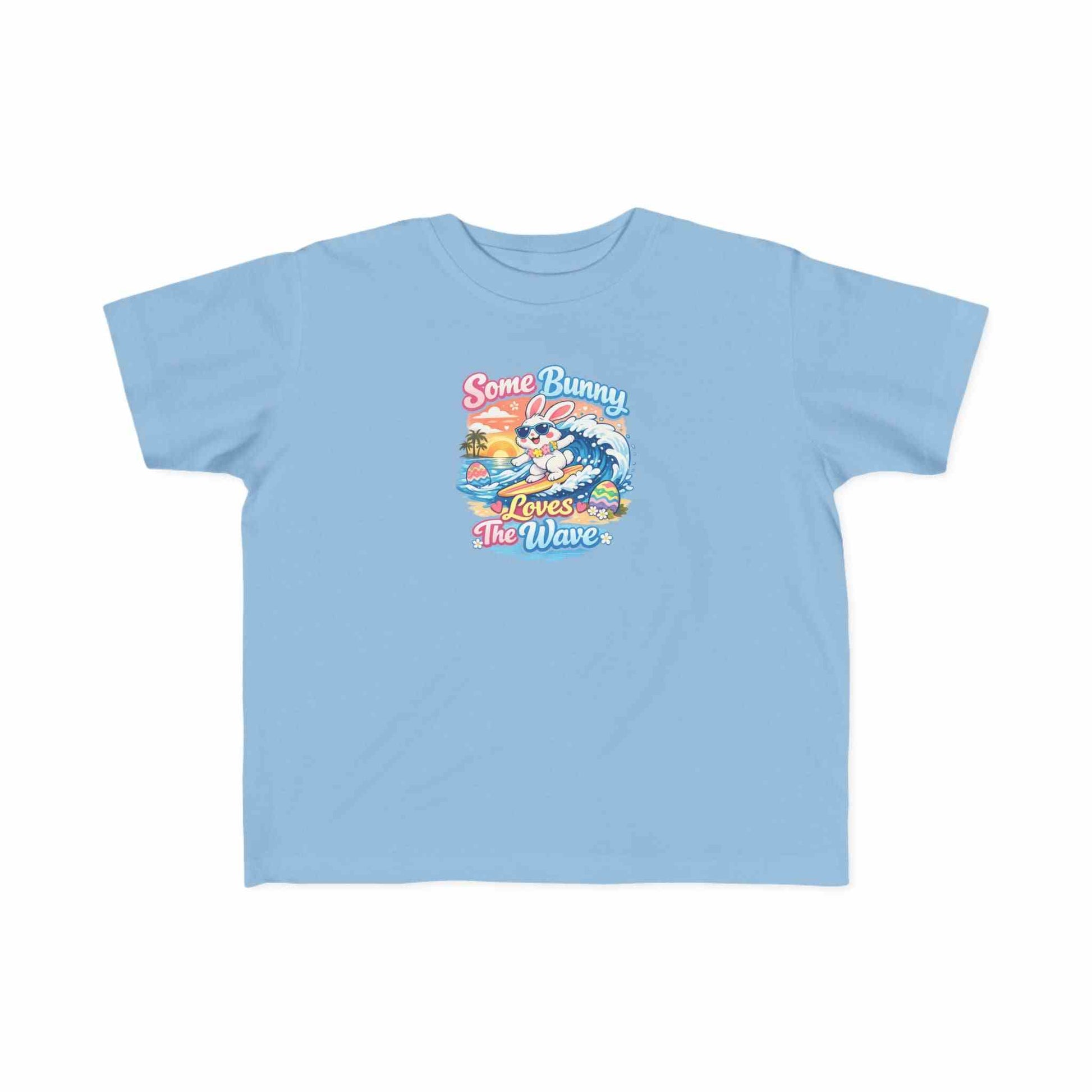 Some Bunny Loves The Wave Easter T-shirt with surfing bunny and pastel eggs on sunset wave background