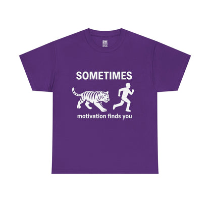 Funny Motivation T-Shirt – “Sometimes Motivation Finds You” Tiger Chase Running Tee for Fitness & Gym Lovers