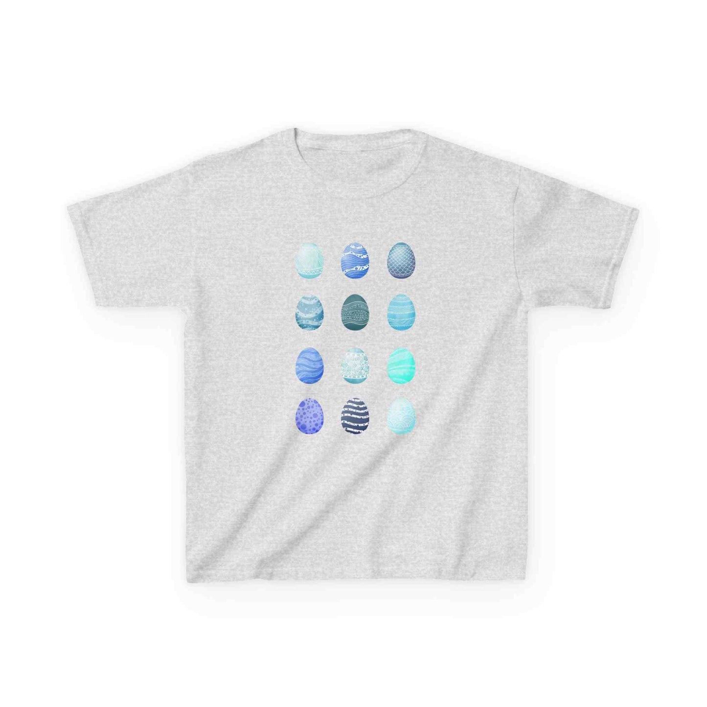 Kids tee with blue watercolor egg pattern on white cotton fabric