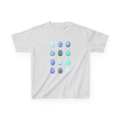 Kids tee with blue watercolor egg pattern on white cotton fabric