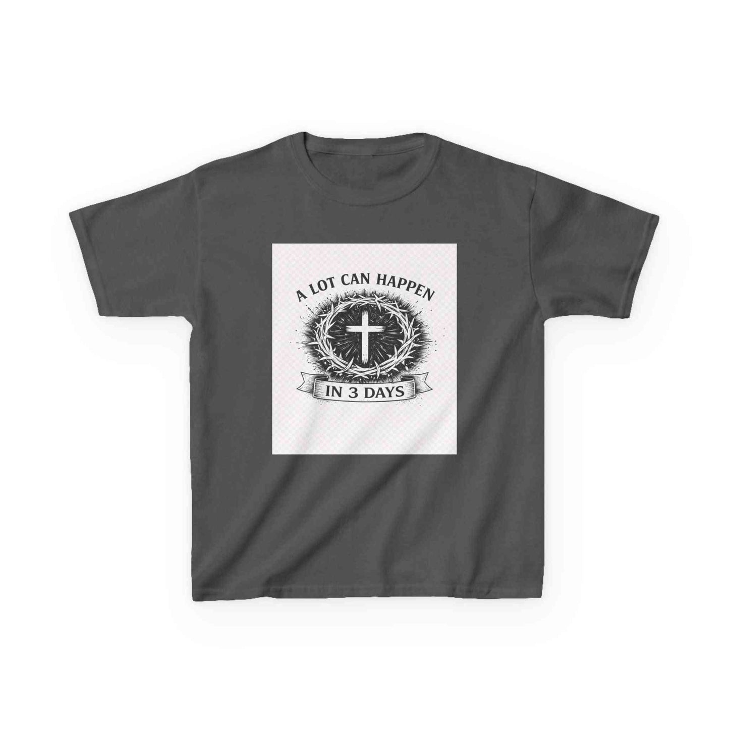 Kids tee with vintage cross and "A Lot Can Happen in 3 Days" design on soft breathable cotton