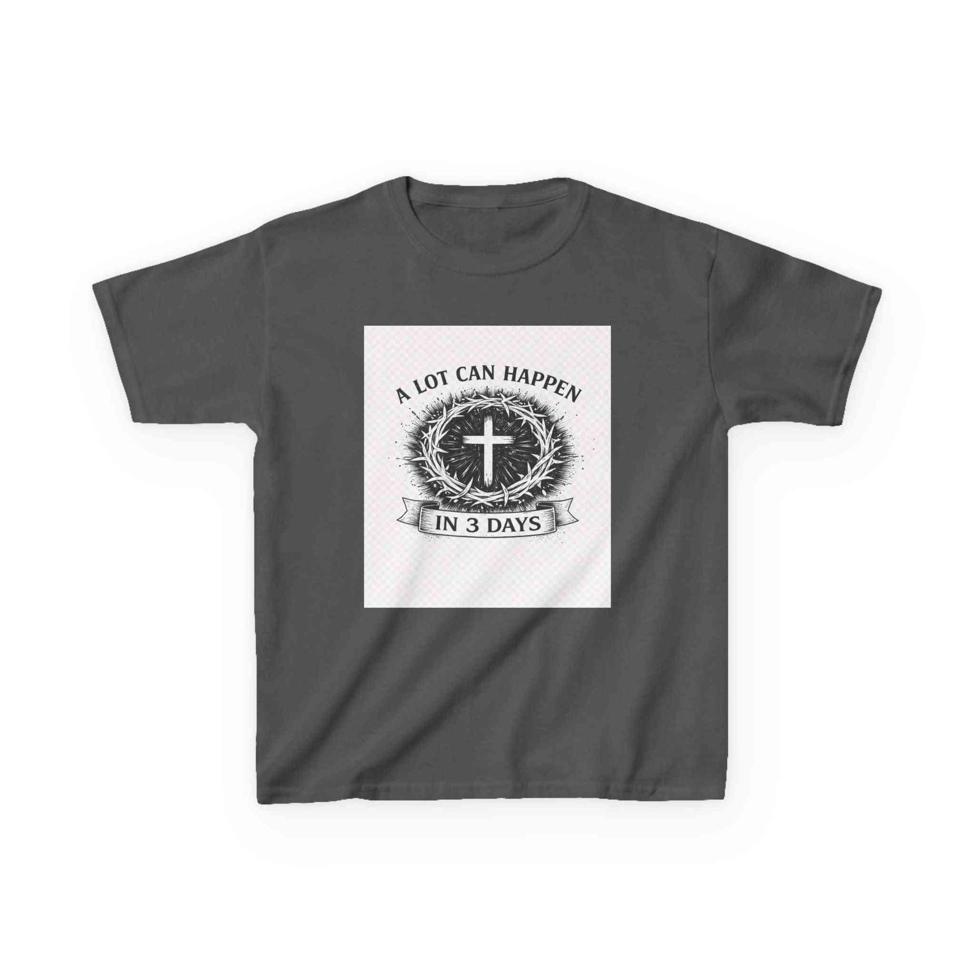 Kids tee with vintage cross and "A Lot Can Happen in 3 Days" design on soft breathable cotton
