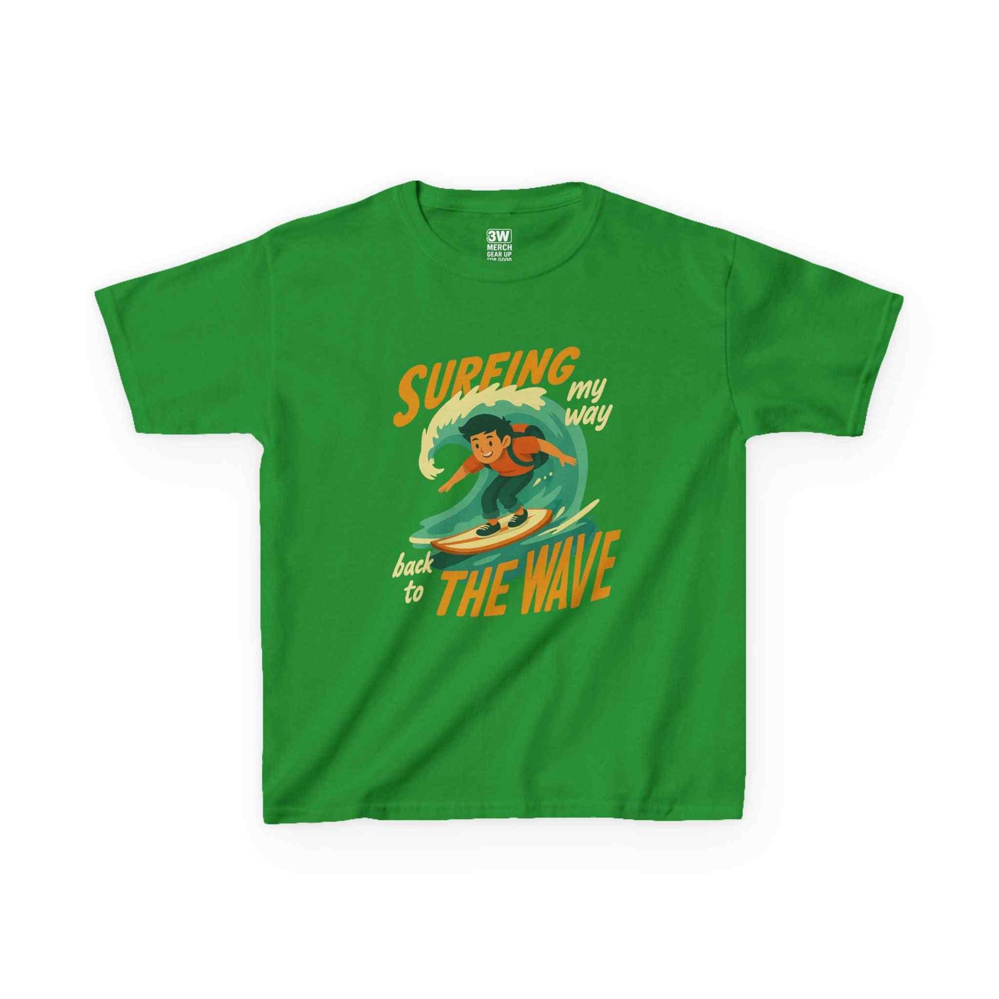 Kids Surfing The Wave T-Shirt with retro surfer graphic and vibrant colors
