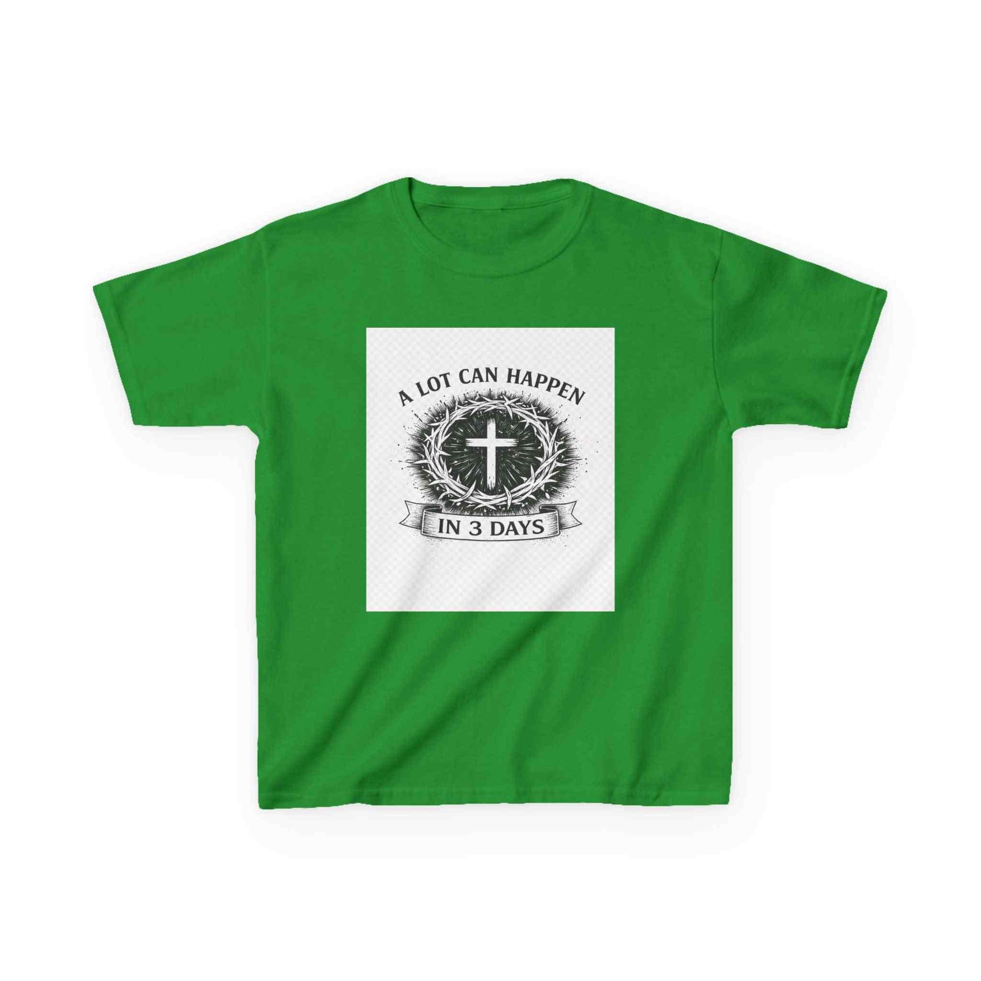 Kids Tee with vintage cross and "A Lot Can Happen in 3 Days" faith design on soft midweight cotton