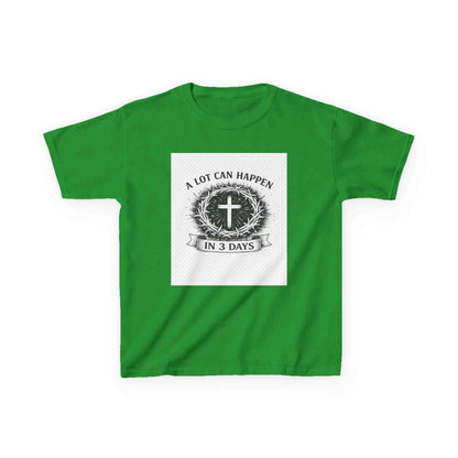 Kids Tee with vintage cross and "A Lot Can Happen in 3 Days" faith design on soft midweight cotton