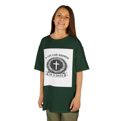 Kids tee with vintage cross and "A Lot Can Happen in 3 Days" design on soft cotton shirt