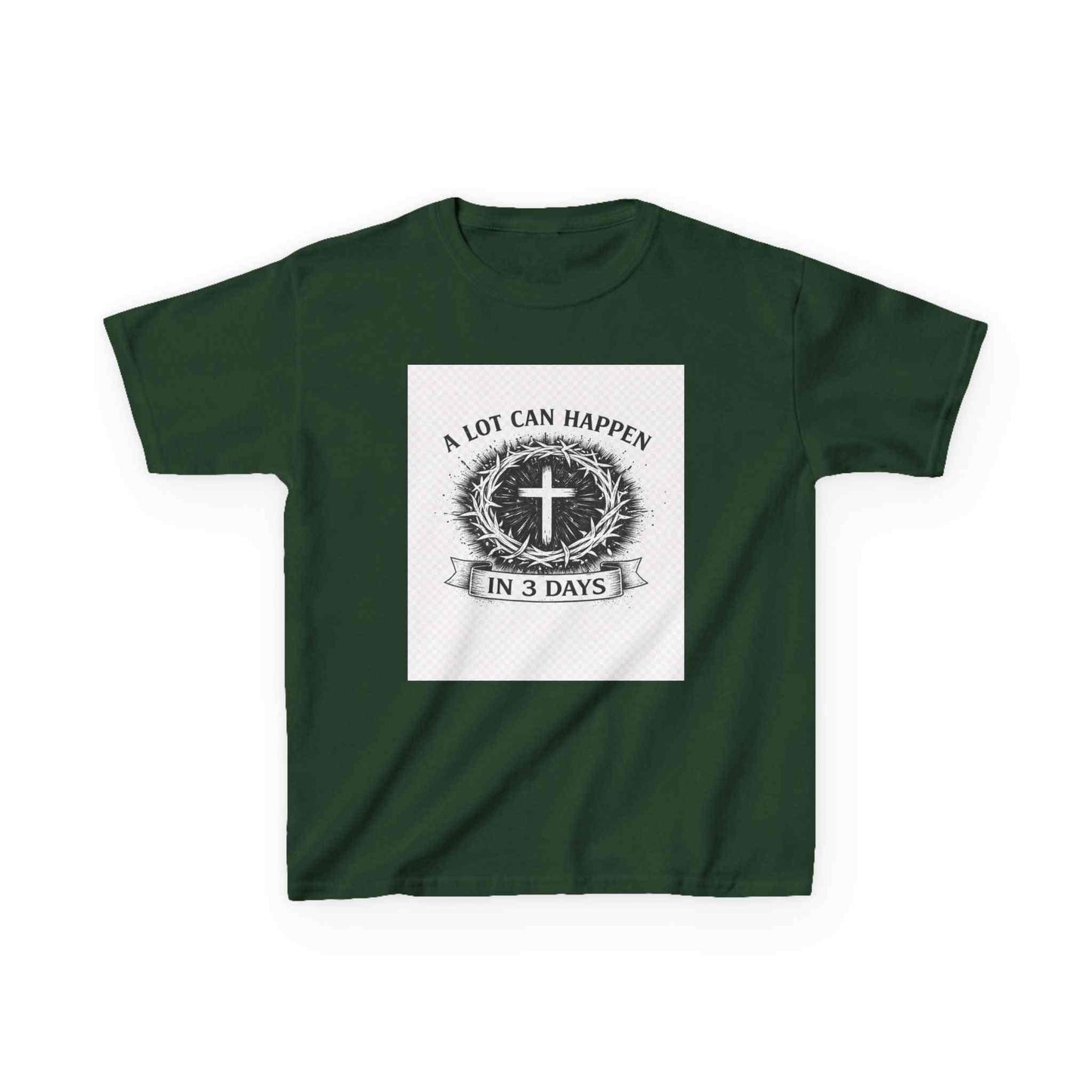 Kids Tee with vintage Christian cross design and "A Lot Can Happen in 3 Days" text on soft midweight cotton