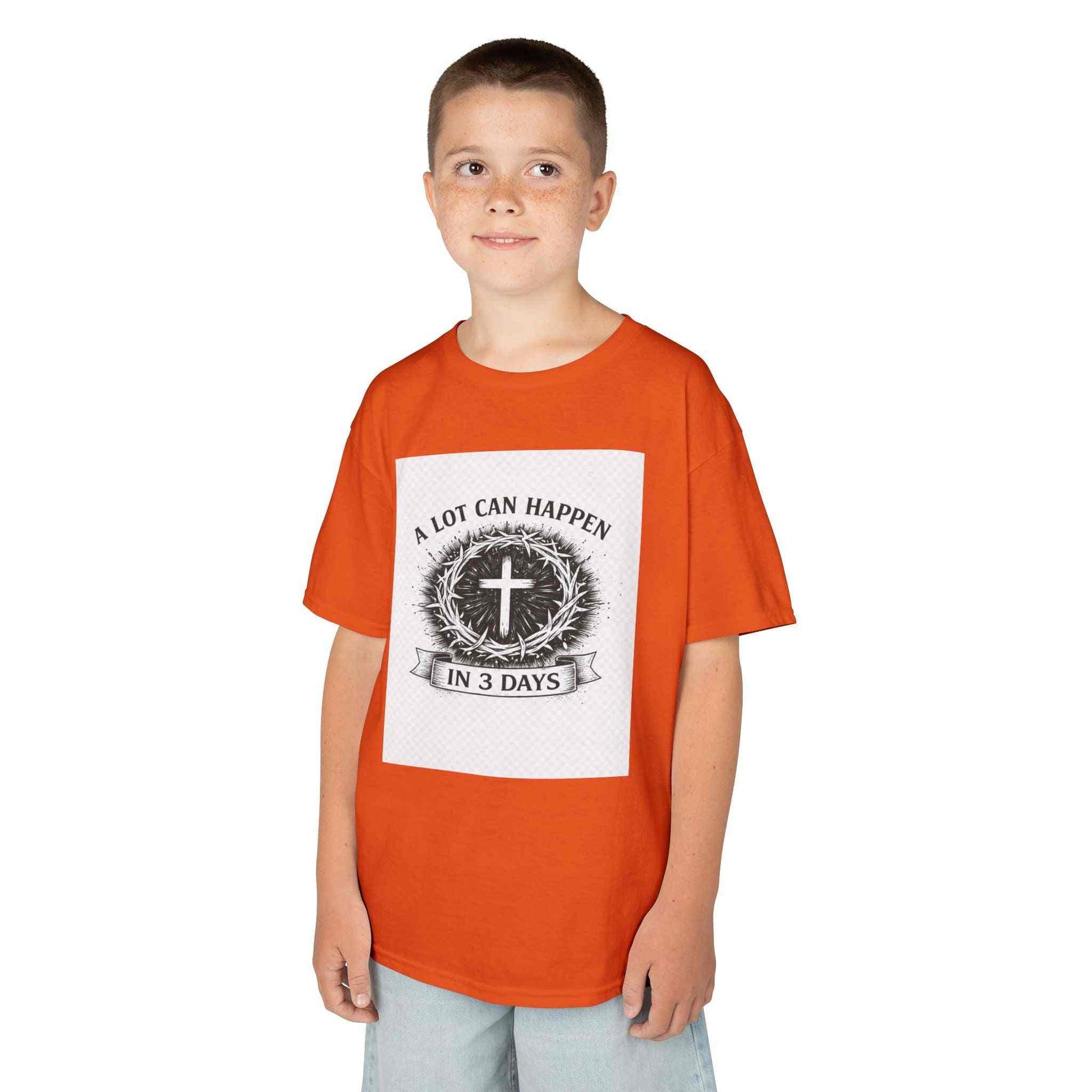 Kids tee with vintage Christian cross and "A Lot Can Happen in 3 Days" design on soft breathable cotton