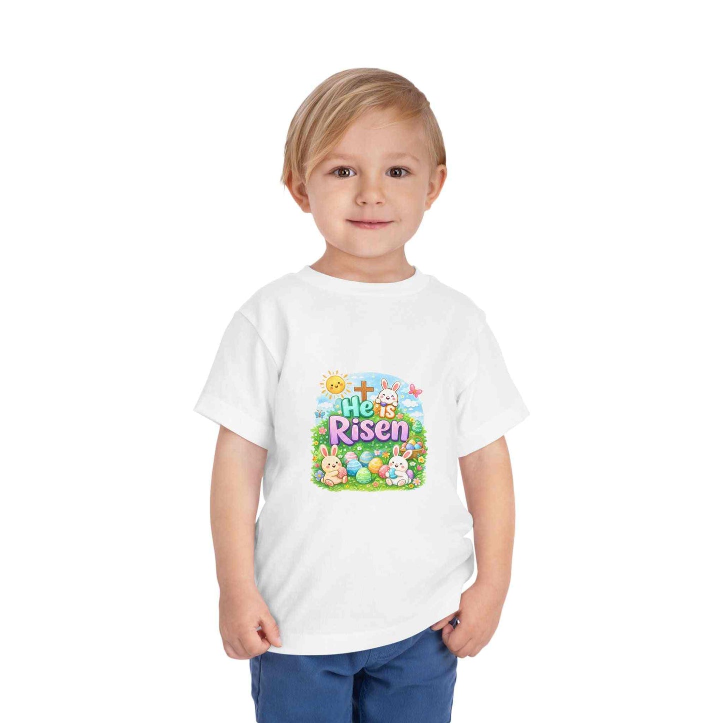 He Is Risen Toddler Tee with Easter bunny and cross design for kids